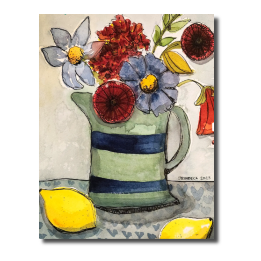 Striped Jug Watercolor Note Card with Flowers and Lemons