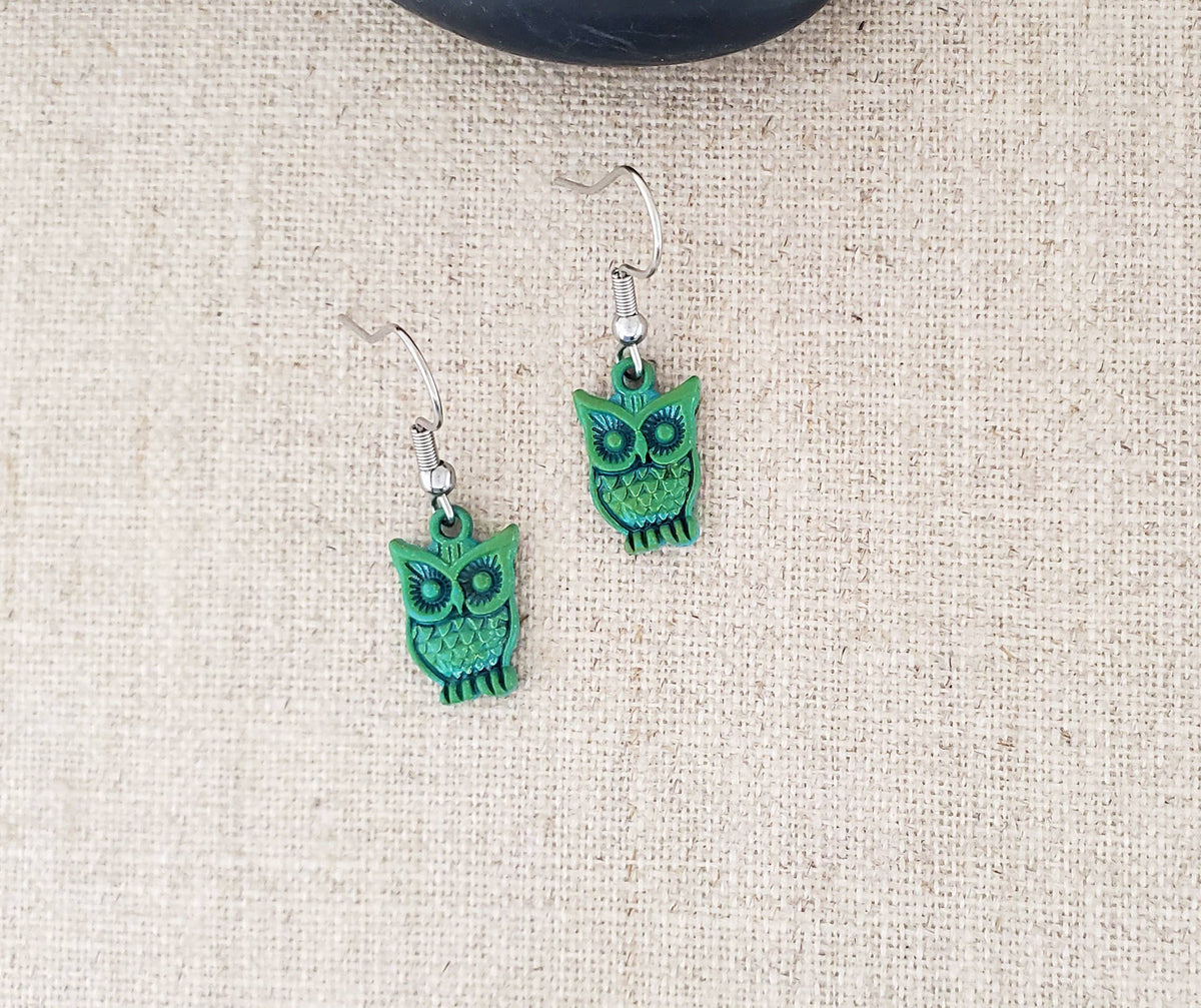 Brass Paint Patina Small Owl Stainless Earrings