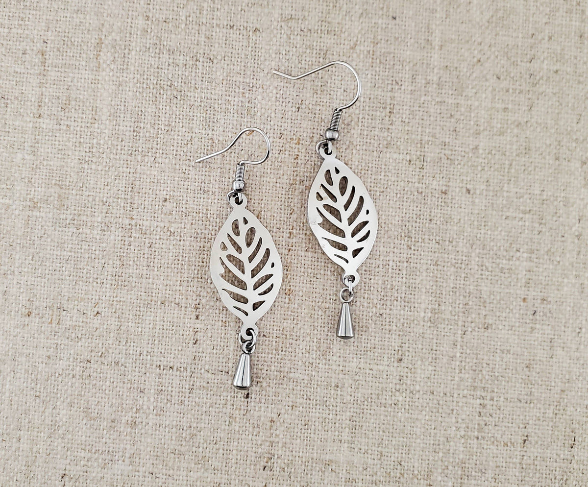 Stainless Steel Open Leaf with Drop Earrings