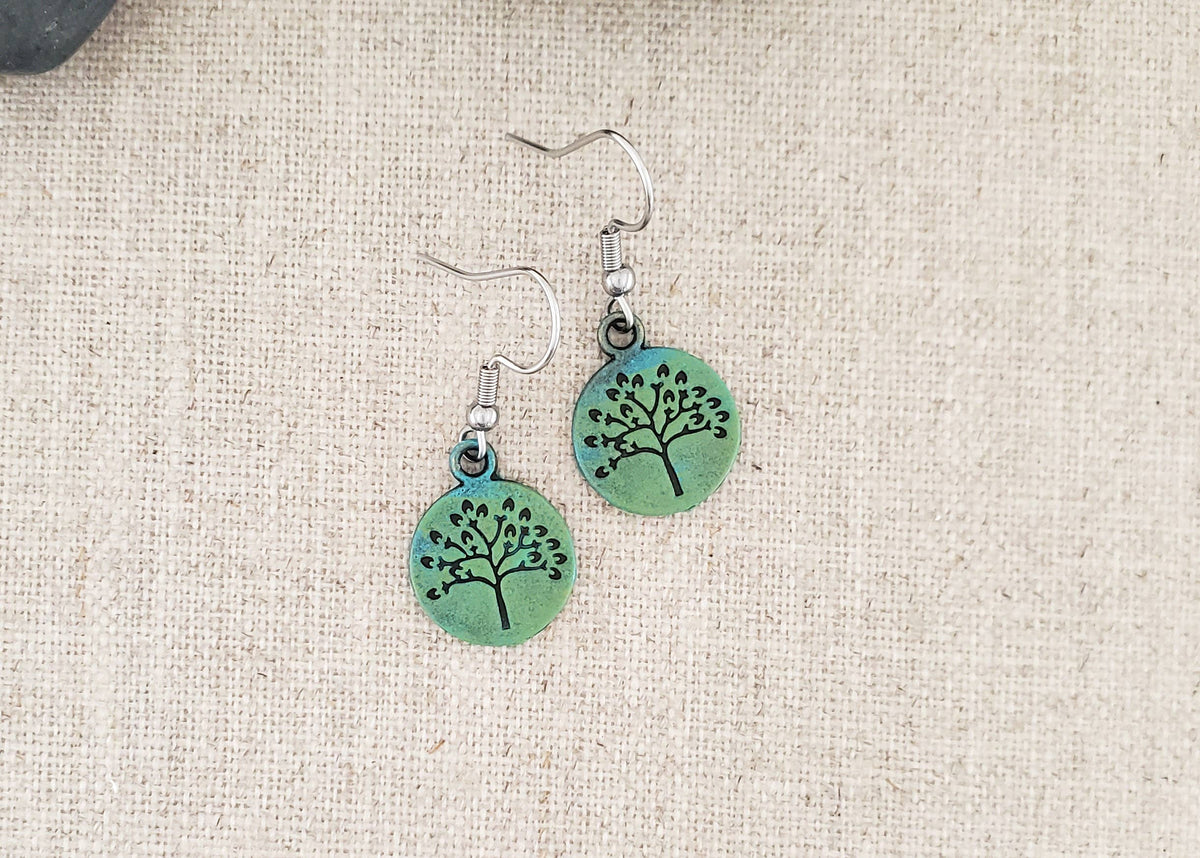 Brass Small Tree of Life Paint Patina Earrings