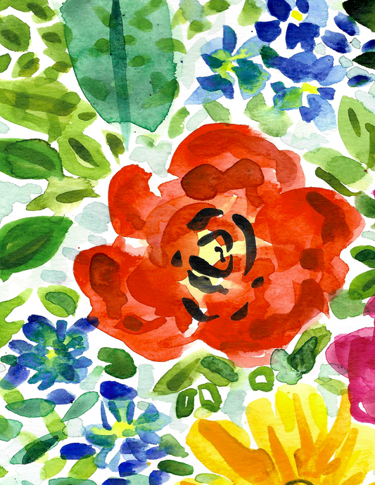 Spring watercolor painting with red and blue flowers