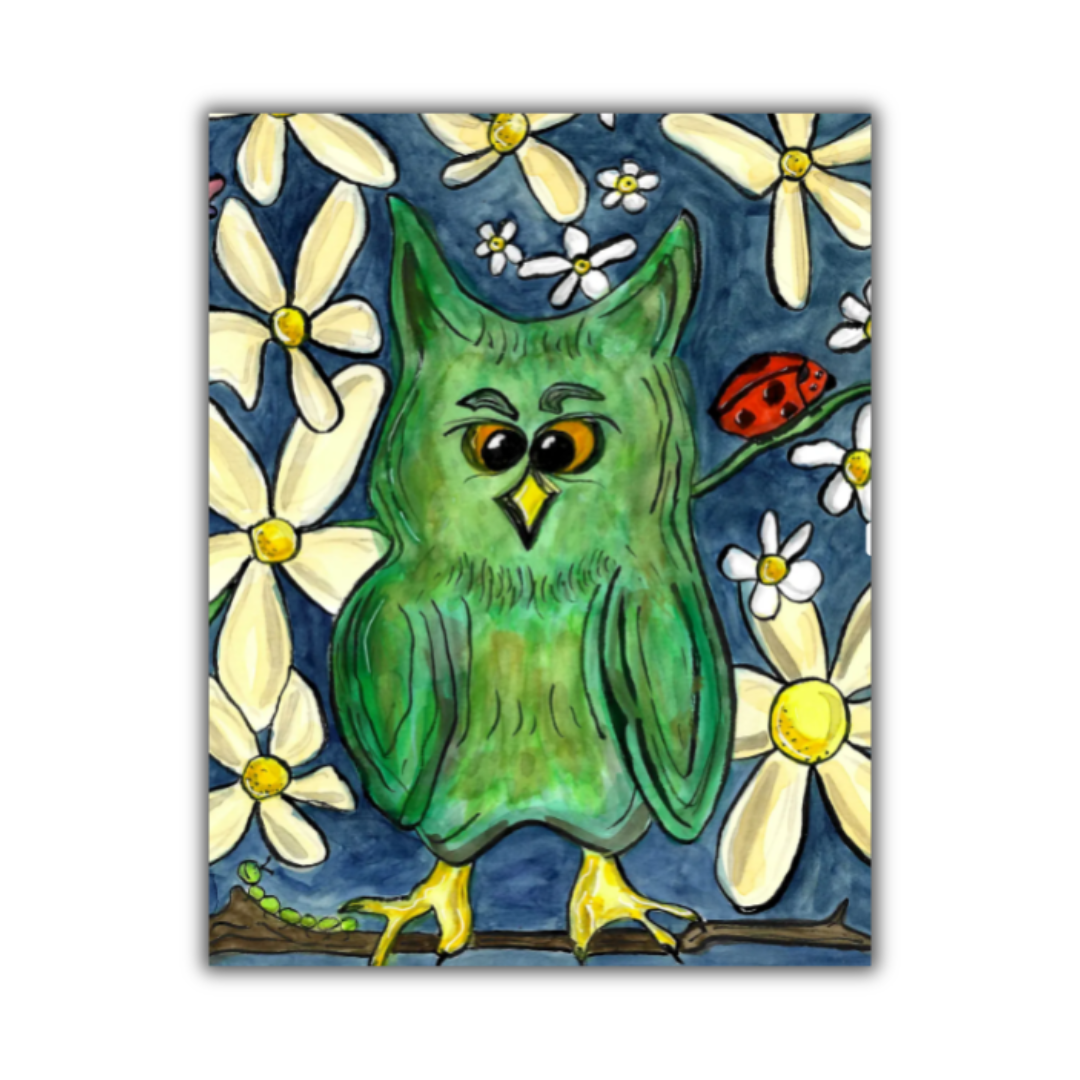 Night Owl Note Card with Daisies and Ladybug