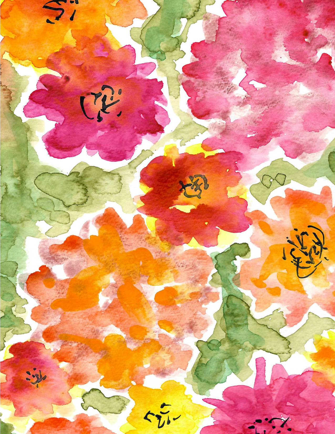 Watercolor Garden Note Card in Pink and Orange