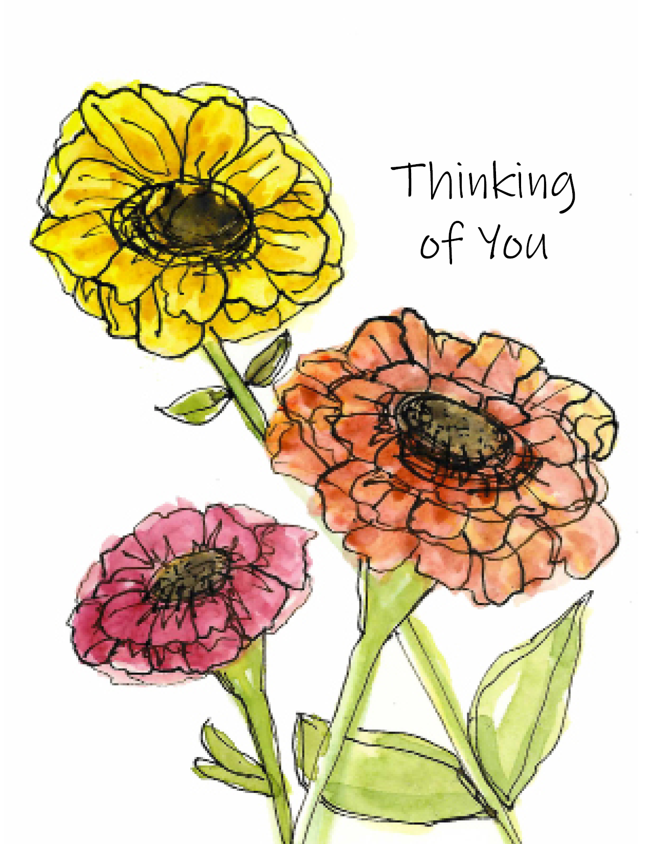 Thinking of You Card with Watercolor Zinnias