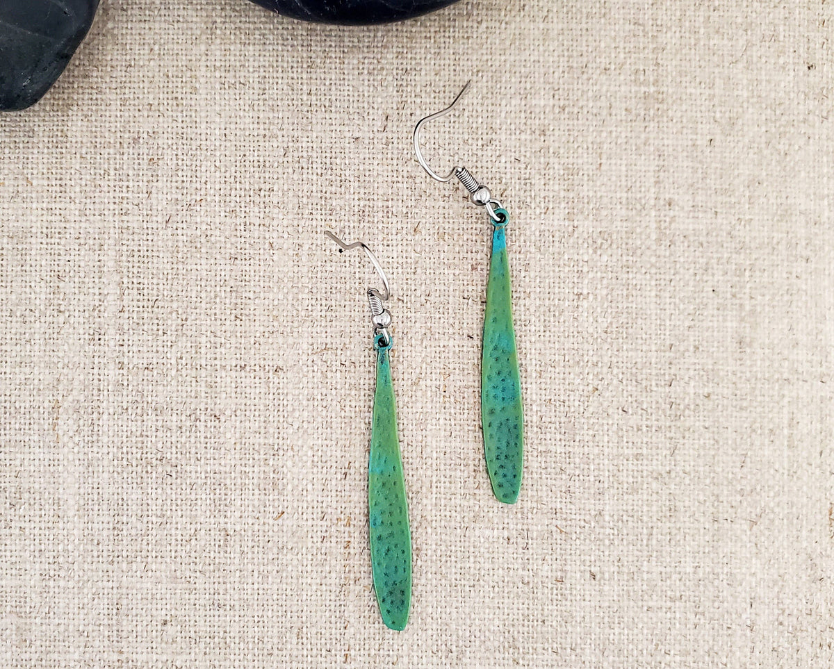 Brass Long Thin Drop   Paint Patina Earrings