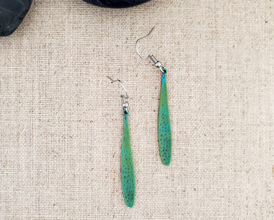 Brass Long Thin Drop   Paint Patina Earrings